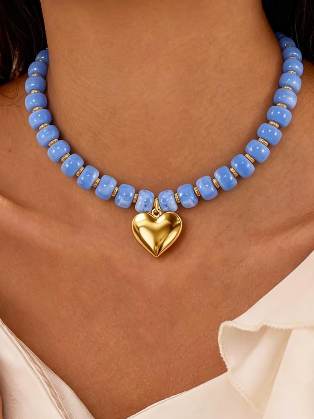 Anthropologie Blue Beaded Necklace with Gold Heart Charm